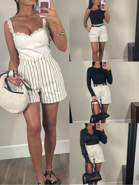 Cream Black Striped Mid Rise Pleated Shorts